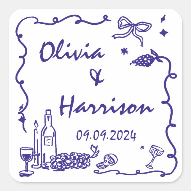 Whimsical Blue Hand Drawn Wedding Square Sticker (Front)