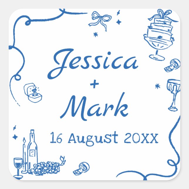 Whimsical Blue Hand Drawn Wedding Square Sticker (Front)