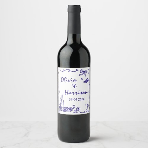 Whimsical Blue Hand Drawn Wedding Wine Label