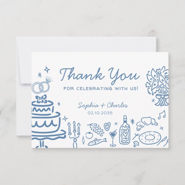 Whimsical Blue HandDrawn Doodles Wedding Thank You (Front)