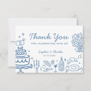 Whimsical Blue HandDrawn Doodles Wedding Thank You Card