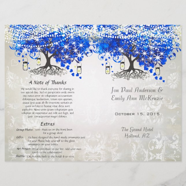 Whimsical Blue Heart Leaf Tree Wedding Program (Front)