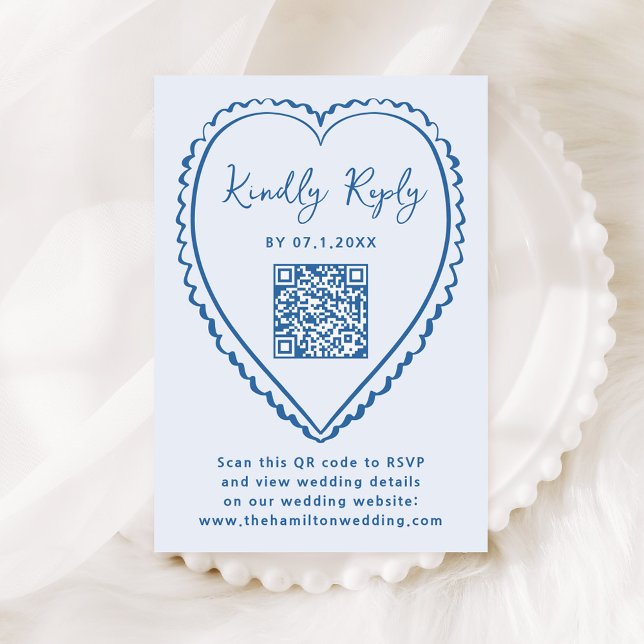 Whimsical Blue Heart QR Code Wedding RSVP Card (Creator Uploaded)