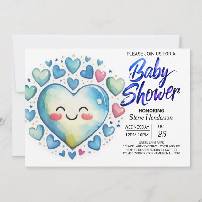 Whimsical Blue Hearts Watercolor Boy Baby Shower Invitation (Front)