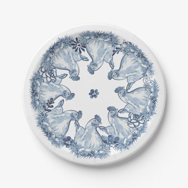 Whimsical Blue Hen Chicken, Nest Watercolor Delft Paper Plates (Front)