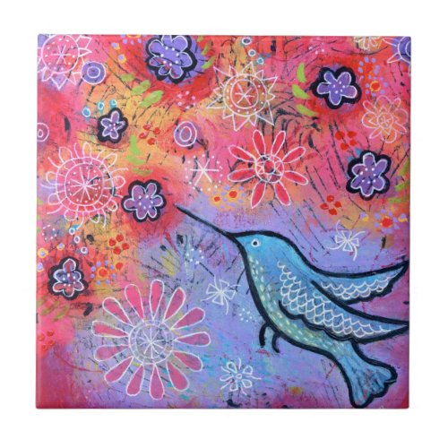 Whimsical blue hummingbird garden ceramic tile