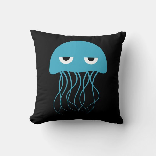 Whimsical Blue Jellyfish Cartoon Throw Pillow (Front)