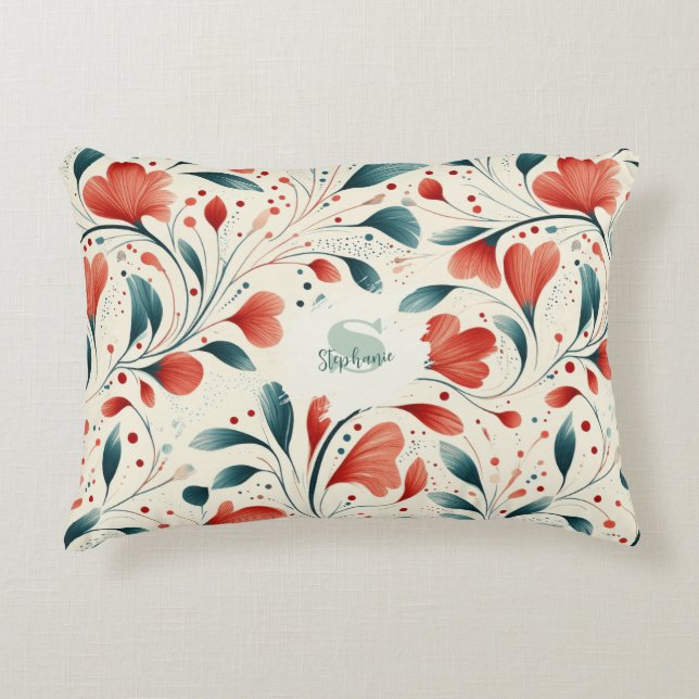 Whimsical Blue Leaf & Red Floral Pattern Accent Pillow (Front)