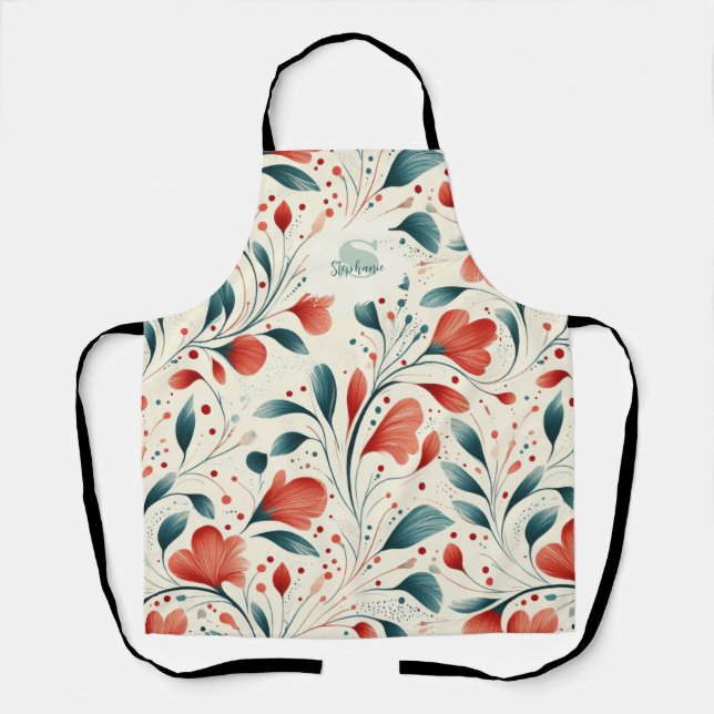 Whimsical Blue Leaf & Red Floral Pattern Apron (Front)