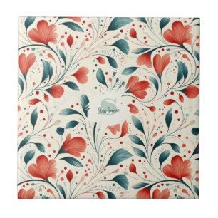 Whimsical Blue Leaf & Red Floral Pattern Ceramic Tile