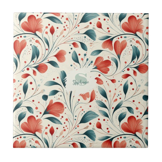Whimsical Blue Leaf & Red Floral Pattern Ceramic Tile (Front)