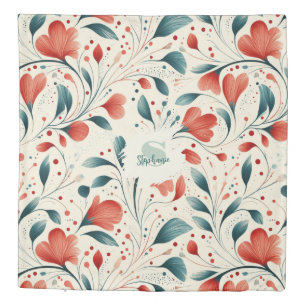 Whimsical Blue Leaf & Red Floral Pattern Duvet Cover