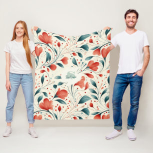 Whimsical Blue Leaf & Red Floral Pattern Fleece Blanket
