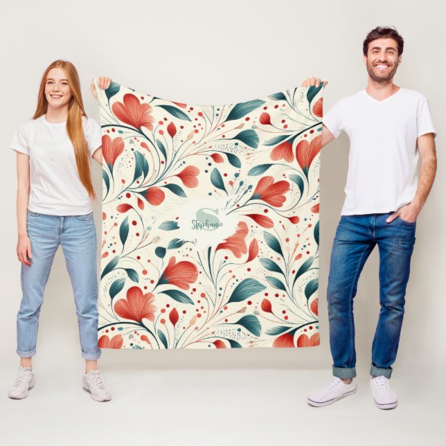 Whimsical Blue Leaf & Red Floral Pattern Fleece Blanket (In Situ)