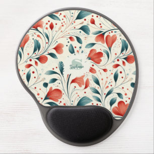 Whimsical Blue Leaf & Red Floral Pattern Gel Mouse Pad