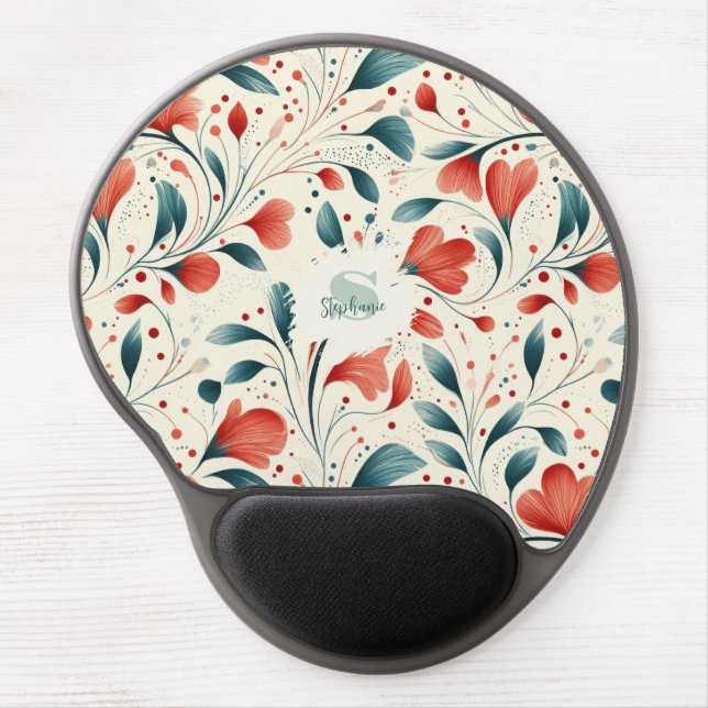Whimsical Blue Leaf & Red Floral Pattern Gel Mouse Pad (Front)