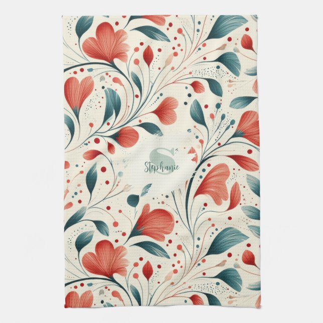 Whimsical Blue Leaf & Red Floral Pattern Kitchen Towel (Vertical)