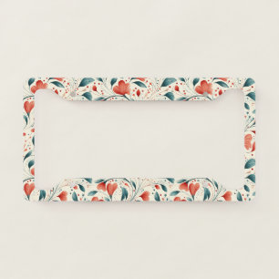 Whimsical Blue Leaf & Red Floral Pattern License Plate Frame