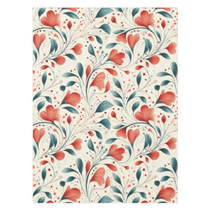 Whimsical Blue Leaf & Red Floral Pattern Tablecloth