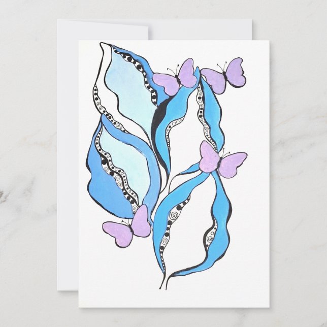Whimsical Blue Leaves and Purple Butterflies Holiday Card (Front)