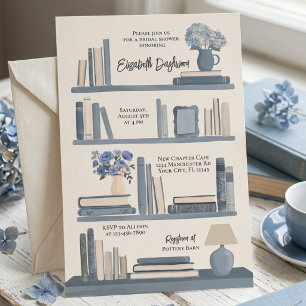 Whimsical Blue Library Bookshelf Bridal Shower Invitation