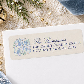 Whimsical Blue Merry Christmas Personalized Return Label