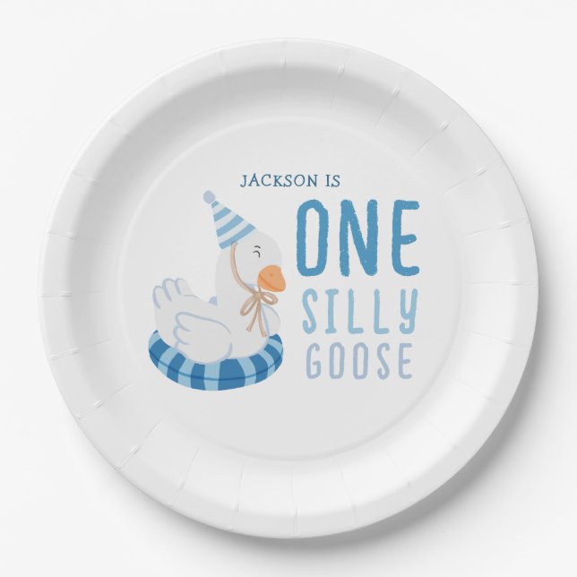 Whimsical Blue One Silly Goose First Birthday Paper Plates (Front)