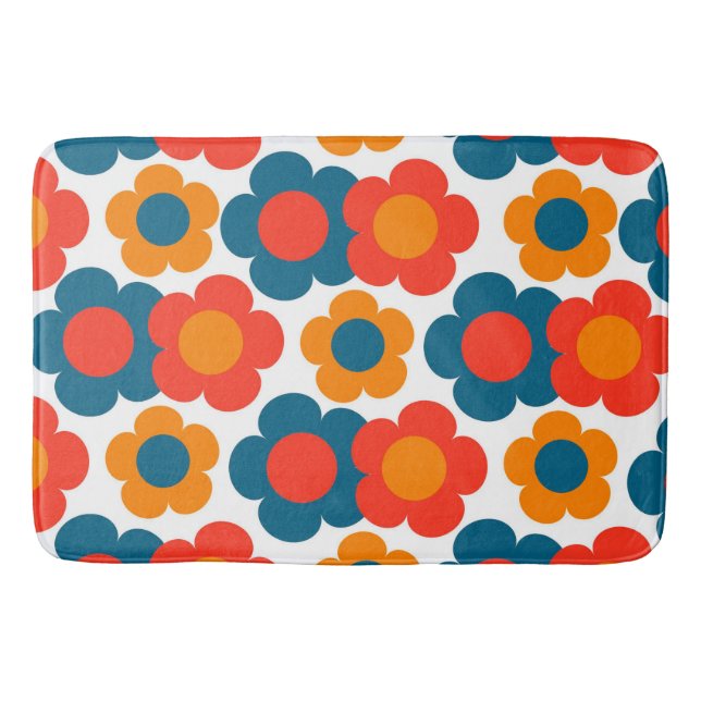 Whimsical Blue & Orange Floral Retro Cheerful Bath Mat (Front)