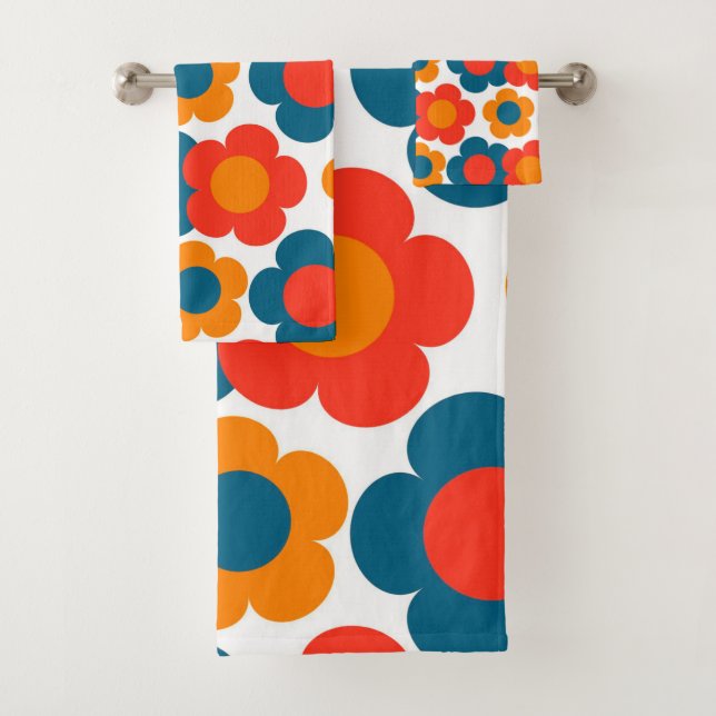 Whimsical Blue & Orange Floral Retro Cheerful Bath Towel Set (Insitu)