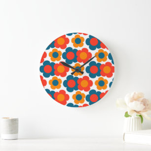Whimsical Blue & Orange Floral Retro Cheerful Large Clock
