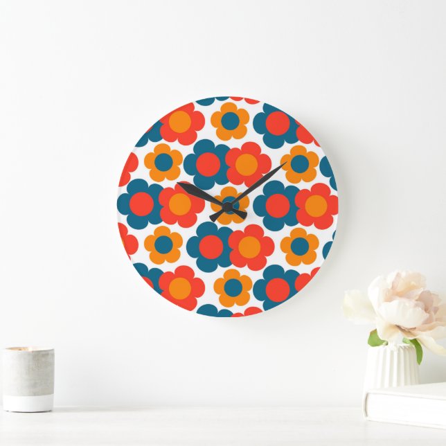 Whimsical Blue & Orange Floral Retro Cheerful Large Clock (Home)