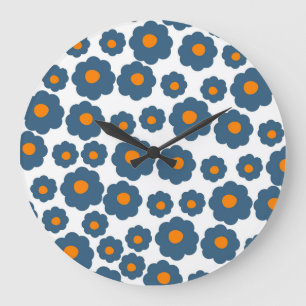 Whimsical Blue & Orange Floral Retro, Cheerful Large Clock
