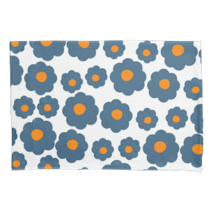 Whimsical Blue & Orange Floral Retro, Cheerful Pillow Case