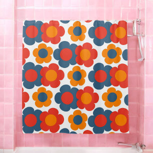 Whimsical Blue & Orange Floral Retro Cheerful Shower Curtain