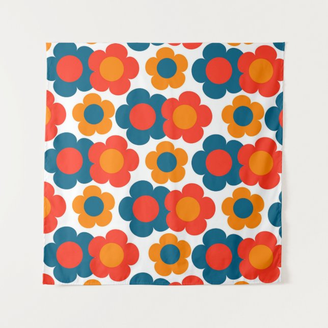 Whimsical Blue & Orange Floral Retro Cheerful Tapestry (Front)