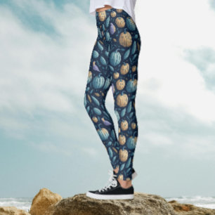 Whimsical Blue Orange Pumpkin Halloween Pattern Leggings