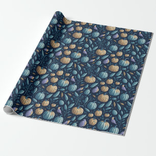 Whimsical Blue Orange Pumpkin Halloween Pattern Wrapping Paper