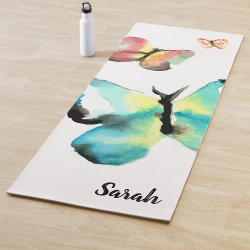 Whimsical Blue orange Watercolor butterfly name  Yoga Mat