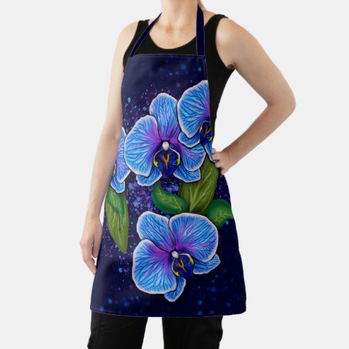 Whimsical Blue Orchid Flower Painting Apron