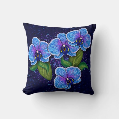 Whimsical Blue Orchid Flower Painting Throw Pillow