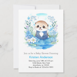 Whimsical Blue Otter Watercolor Boy Baby Shower Invitation