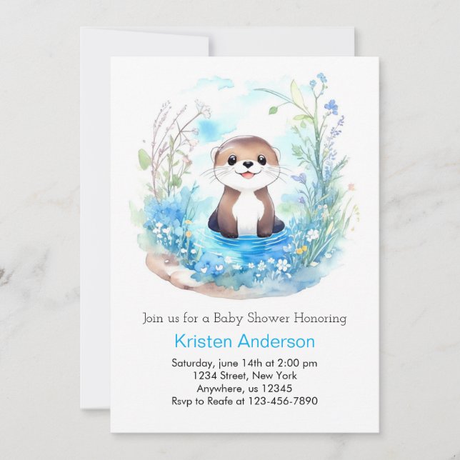 Whimsical Blue Otter Wildflower Boy Baby Shower Invitation (Front)