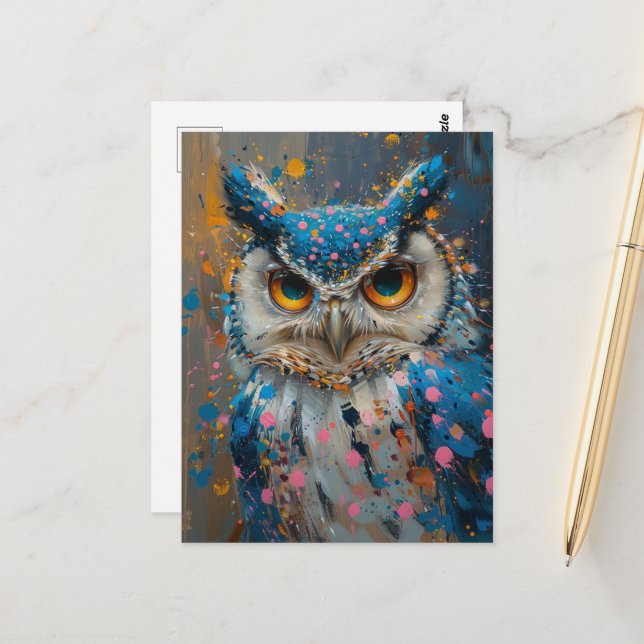 whimsical blue owl pink blue polka dot splatters postcard (Front/Back In Situ)