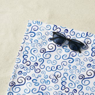 Whimsical Blue Painted Watercolor Curves Beach Towel