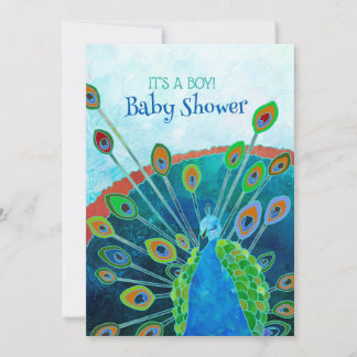 Whimsical Blue Peacock Baby Boy Shower Invitation