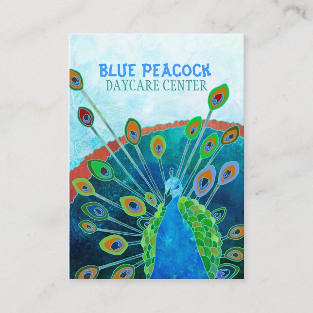 Whimsical Blue Peacock Childcare Business Cards (Front)