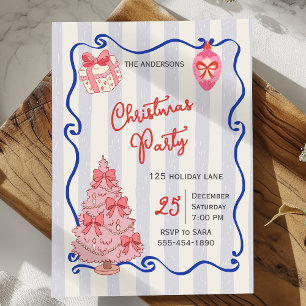 Whimsical Blue Pink Doodle Christmas Party Invitation