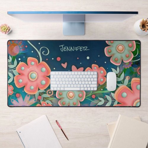 Whimsical Blue Pink Floral Heart Personalized Desk Mat