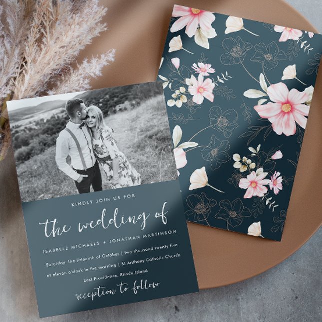 Whimsical Blue Pink Floral Photo Wedding Invitation (This pretty blue wedding invitation gives whimsical retro vibes, with pink flowers and one photo.)