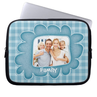 Whimsical Blue Plaid Family Photo Laptop Sleeve